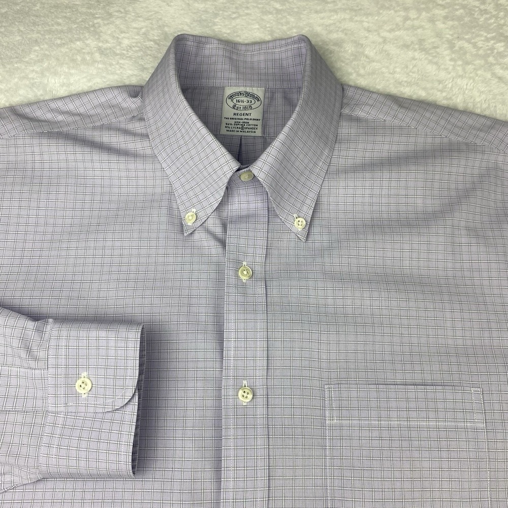 Brooks Brothers Dress Shirt Mens 16.5-33 Lavender Checks Regent No Iron Stretch